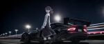  1girl absurdres black_dress black_hair black_socks car commentary_request dodge_viper dress floating_hair fukumaru_koito highres idolmaster idolmaster_shiny_colors kneehighs lamppost long_sleeves looking_at_viewer looking_back medium_dress motor_vehicle night purple_eyes ribbon socks solo sports_car star_(sky) t_takahashi_(ixtl416) twintails two-tone_dress white_dress wind 