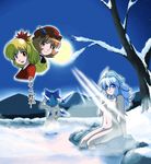  aki_minoriko aki_shizuha alternate_hairstyle ass bare_tree breasts cirno hair_ornament highres iwatobi_hiro leaf_hair_ornament letty_whiterock long_hair moon multiple_girls navel night nude onsen outdoors projected_inset siblings sisters small_breasts snow touhou tree 