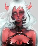  bad_id bad_pixiv_id bare_shoulders blue_hair breasts choker cleavage demon horns large_breasts lips long_hair megumi_(androgyny) nose panty_&amp;_stocking_with_garterbelt realistic red_skin scanty_(psg) simple_background solo upper_body 