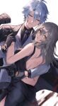  1boy 1girl absurdres alternate_costume antenna_hair arm_around_back arm_behind_back arm_held_back backless_dress backless_outfit black_dress black_gloves black_jacket black_shirt blood blood_in_hair blood_on_clothes blood_on_face blood_on_weapon blue_eyes blue_necktie breasts collared_shirt commentary_request cowboy_shot dress gloves grey_hair gun hair_between_eyes half-closed_eyes handgun highres holding holding_another's_wrists holding_gun holding_weapon honkai:_star_rail honkai_(series) jacket jacket_on_shoulders large_breasts long_hair looking_at_another looking_at_viewer looking_back necktie open_mouth parted_lips phainon_(honkai:_star_rail) shirt short_sleeves simple_background sleeveless sleeveless_dress smile stelle_(honkai:_star_rail) trailblazer_(honkai:_star_rail) vest weapon wf12ta white_background white_hair white_vest yellow_eyes yellow_pupils 