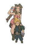  1boy 1girl aerith_gainsborough armor baggy_pants bandaged_arm bandages bangle bare_shoulders belt blonde_hair blue_eyes blue_pants blue_shirt boots bracelet braid braided_ponytail breasts brown_belt brown_boots brown_gloves center_opening choker chomchomchomp cleavage closed_mouth cloud_strife commentary dress english_commentary final_fantasy final_fantasy_vii from_above gloves green_eyes hair_ribbon hand_on_another's_shoulder highres jewelry long_hair medium_breasts pants parted_bangs pauldrons pink_dress pink_ribbon ribbed_shirt ribbon ribbon_choker salute shading_eyes shirt short_hair shoulder_armor sidelocks single_braid single_pauldron sitting_on_shoulder sleeveless sleeveless_turtleneck smile spiked_hair suspenders turtleneck white_background 