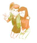  2girls aged_up arm_around_shoulder black_hair brown_hair commentary dubu274611 earrings freckles glasses hand_on_another's_shoulder highres jewelry marcie_(peanuts) multiple_girls peanuts_(comic) peppermint_patty ponytail red_shirt shirt short_hair side-by-side smile striped_clothes striped_shirt symbol-only_commentary vertical-striped_clothes vertical-striped_shirt 