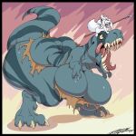 2019 anthro big_breasts big_butt bodily_fluids bottomwear breasts butt canid canine canis clothing deon_(deonwolf) deonwolf digital_media_(artwork) dinosaur duo fang_(primal) female fur gynomorph hair hi_res huge_breasts huge_butt intersex larger_male male mammal melee_weapon non-mammal_breasts open_mouth polearm prehistoric_species primal_(series) reptile saliva saurischian scalie size_difference smaller_male spear teeth theropod thick_thighs tongue topwear tyrannosaurid tyrannosauroid tyrannosaurus tyrannosaurus_rex weapon white_body white_fur white_hair wolf