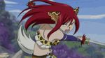  2boys angry animated animated_gif battle bouncing_breasts breasts brown_eyes cobra_(fairy_tail) erza_scarlet fairy_tail large_breasts long_hair lowres multiple_boys red_hair screencap sword weapon 