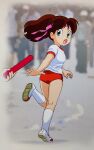  1girl 1other aqua_eyes blurry blurry_background brown_hair buruma commentary_request genji_tsuushin_agedama gym_uniform headband heike_ibuki highres holding holding_relay_baton long_hair looking_at_viewer looking_back mizutani_kenta open_mouth outdoors photo_background pink_headband red_buruma relay_baton relay_race running shirt shoes short_sleeves socks solo_focus standing white_shirt white_shoes white_socks 