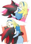  1boy 1girl bei_(dali6006) between_breasts blonde_hair blue_eyes blue_hairband breasts closed_eyes commentary_request face_between_breasts furry furry_male gloves hairband head_between_breasts highres hug maria_robotnik multiple_views red_eyes shadow_the_hedgehog smile sonic_(series) white_gloves 