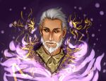  1boy beard black_sclera colored_sclera commentary dress_shirt energy facial_hair facing_viewer gold_embroidery hair_slicked_back jacket looking_to_the_side male_focus mustache ornate_clothes purple_background purple_jacket sheogorath shirt slit_pupils solo suit_jacket the_elder_scrolls the_elder_scrolls_iv:_oblivion upper_body violetta-altory white_hair yellow_eyes yellow_shirt 