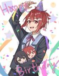  1girl 2025 :d absurdres arm_up birthday black_hair black_jacket black_skirt blazer blush bow character_doll collared_shirt commentary_request confetti dated doll flower hair_between_eyes hair_flower hair_ornament hair_ribbon hairclip happy_birthday hat hibiki4411 highres holding holding_doll holding_stuffed_toy hugging_doll hugging_object jacket koori_chikage long_sleeves looking_at_viewer neck_ribbon nogi_wakaba_wa_yuusha_de_aru open_mouth party_hat pink_ribbon pleated_skirt ponytail purple_ribbon red_eyes red_hair ribbon school_uniform shirt short_hair short_ponytail skirt smile solo star_(symbol) streamers stuffed_toy takashima_yuuna teeth upper_teeth_only white_background white_ribbon white_shirt yuusha_de_aru 