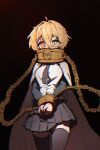  1girl ahoge black_necktie black_skirt black_thighhighs blonde_hair bound bound_wrists breasts cape chain chromatic_aberration collar collared_shirt commentary_request covered_mouth cowboy_shot cuffs cuffs-to-collar dark_background don_quixote_(project_moon) film_grain gold_chain gold_collar hair_between_eyes highres index_(identity)_(project_moon) jmeakat korean_commentary limbus_company long_sleeves metal_collar miniskirt necktie pleated_skirt project_moon shackles shirt short_hair skirt solo standing thighhighs tie_clip white_cape white_shirt yellow_eyes zettai_ryouiki 