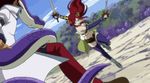  3boys animated animated_gif battle brown_eyes cobra_(fairy_tail) erza_scarlet fairy_tail hoteye long_hair lowres multiple_boys racer_(fairy_tail) red_hair screencap snake sword weapon 