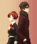  1girl aragaki_shinjirou beanie blush bow brown_hair couple female_protagonist_(persona_3) hair_ornament hairclip hat headphones hetero persona persona_3 persona_3_portable red_eyes school_uniform smile trench_coat yoichiarno12 