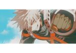  1boy bakugou_katsuki blonde_hair boku_no_hero_academia clenched_hand cloud collared_shirt gloves grin highres letterboxed long_sleeves male_focus multicolored_gloves outstretched_arm qhsrp_moy red_eyes shirt short_hair sky smile solo spiked_hair superhero_costume 