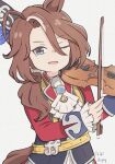  1girl animal_ears ascot black_vest blue_eyes blue_gem brown_hair commentary_request ear_covers ear_ornament ear_ribbon gem hair_between_eyes holding holding_instrument holding_violin horse_ears horse_girl horse_tail instrument jacket koshiba_taiyaki long_hair long_sleeves looking_at_viewer multicolored_hair one_eye_closed open_mouth pants red_jacket shirt simple_background single_ear_cover smile solo sounds_of_earth_(ritmo_della_terra)_(umamusume) sounds_of_earth_(umamusume) streaked_hair tail umamusume vest violin white_ascot white_background white_pants white_shirt 