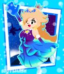  1girl artist_logo artist_name blue_dress blue_gem breasts brooch collar commentary crown dress ear_piercing earrings eddysmash2407 elbow_gloves english_commentary gem gem_hair_ornament gloves gradient_clothes gradient_dress hair_over_one_eye high_heels highres jewelry logo looking_at_viewer mario_(series) mario_kart mario_kart_tour mario_kart_world official_alternate_costume open_mouth piercing pumps purple_dress red_gem rosalina rosalina_(aurora) shoes silver_crown smile solo star_(sky) star_(symbol) star_brooch star_earrings starry_sky_print tongue watermark white_collar white_shoes yellow_gem 