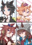  4girls ahoge animal_ears beanie beer_hsk black_gloves black_hair black_jacket black_necktie blue_jacket brown_hair center_frills closed_mouth collared_shirt dress_shirt ears_through_headwear fingerless_gloves frills fuji_kiseki_(shooting_star_revue)_(umamusume) fuji_kiseki_(umamusume) gloves grey_hat hair_between_eyes hat headphones headphones_around_neck highres hood hood_down hoodie horse_ears jacket long_hair multicolored_hair multiple_girls nakayama_festa_(umamusume) necktie orfevre_(old_design)_(umamusume) parted_lips purple_eyes red_hoodie shirt smile streaked_hair striped_clothes striped_headwear t.m._opera_o_(o_sole_suo!)_(umamusume) t.m._opera_o_(umamusume) umamusume vertical-striped_clothes vertical-striped_headwear white_hair white_shirt 