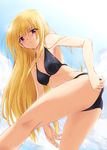  absurdres adjusting_clothes adjusting_swimsuit bad_revision bikini blonde_hair christie_(fifteen_hounds) downscaled_revision fifteen_hounds foreshortening hands highres kaiga kneepits long_hair md5_mismatch purple_eyes solo swimsuit wet 