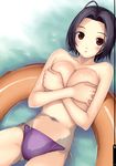  absurdres ahoge bikini_bottom blue_hair blush breast_hold breasts cleavage covering covering_breasts highres idolmaster idolmaster_(classic) idolmaster_2 innertube large_breasts looking_at_viewer miura_azusa navel parted_lips partially_submerged purple_bikini_bottom red_eyes scan shiny shiny_skin short_hair side-tie_bottom solo swimsuit tanaka_shoutarou topless water water_in_navel 