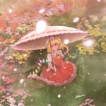  1girl artist_name ascot blonde_hair closed_mouth collared_shirt commentary_request crystal crystal_wings falling_petals field flandre_scarlet flower flower_field frilled_shirt_collar frilled_skirt frills glowing glowing_petals hat highres holding holding_umbrella kakera_(comona_base) long_hair looking_at_viewer mob_cap multicolored_wings one_side_up outdoors petals pink_flower pink_umbrella red_eyes red_skirt red_vest shirt sitting skirt skirt_set socks solo touhou umbrella vest white_hat white_socks wings yellow_ascot yellow_flower 