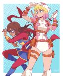  2girls :/ belt_pouch blonde_hair blue_eyes bracelet breasts brown_hair commentary domino_mask eye_mask galois gradient_hair gwenpool halftone halftone_background highres holding holding_sword holding_weapon jewelry kamala_khan leotard long_hair marvel mask mask_lift medium_breasts ms._marvel multicolored_hair multiple_girls pink_hair pink_leotard pouch red_scarf scarf shin_guards signature small_breasts smile superhero_costume sword sword_on_back thigh_pouch weapon weapon_on_back 