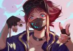  1girl akali black_gloves black_nails blue_eyes eyeliner flower gloves hat jacket k/da_(league_of_legends) k/da_akali krin league_of_legends looking_at_viewer makeup mask nail_polish ponytail purple_hair solo 