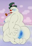 anus blue_anus blue_blush blue_nipples blush butt christmas clothing elemental_creature elemental_humanoid frosty_the_snowman frosty_the_snowman_(character) genitals hat headgear headwear hi_res holidays humanoid kazushi male mineral_fauna mineral_humanoid nipples not_furry overweight presenting presenting_hindquarters puffy_anus red_nose smoking_pipe snow snow_creature snow_humanoid snowman solo spread_butt spreading white_body