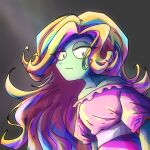  1girl aqua_hair blonde_hair closed_mouth collarbone colored_skin commentary eyelashes glitter_zombie_(plants_vs._zombies) green_skin grey_background highres long_hair midriff monster_girl multicolored_hair no_nose off-shoulder_shirt off_shoulder pink_hair pink_shirt plants_vs._zombies plants_vs._zombies_2 sarrowfore shirt solo symbol-only_commentary upper_body zombie 