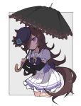  1girl :o animal_ears beer_hsk black_sleeves black_umbrella blue_flower blue_hat blue_rose bow brown_hair detached_sleeves flower grey_background hair_over_one_eye hat hat_flower holding holding_umbrella horse_ears horse_girl horse_tail long_hair long_sleeves looking_at_viewer parted_lips pleated_skirt puffy_short_sleeves puffy_sleeves purple_bow purple_eyes purple_shirt rice_shower_(umamusume) rose school_uniform shirt short_sleeves skirt sleeves_past_wrists solo tail tilted_headwear tracen_school_uniform two-tone_background umamusume umbrella very_long_hair white_background white_skirt 