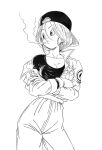  1girl absurdres arms_crossed backwards_hat baseball_cap black_shirt breasts bulma_(future) cigarette cleavage closed_mouth commentary dragon_ball dragon_ball_z english_commentary gloves greyscale hat highres jacket long_sleeves looking_to_the_side monochrome off_shoulder roub3d shirt short_hair simple_background smoke smoking solo upper_body watch white_background wristwatch 