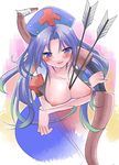  arrow bad_id bad_pixiv_id between_breasts blue_hair blush bow_(weapon) breast_hold breasts from_above large_breasts lips nipples open_clothes open_shirt purple_eyes shirt solo suzune_kotora touhou weapon yagokoro_eirin 