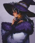  1girl absurdres art_fight_attack blue_eyes blue_hair blue_streaks braid braided_hair_rings closed_mouth coat commentary earrings english_commentary finger_to_own_chin from_side fur-trimmed_coat fur_trim gift_art grey_background hair_rings hand_up hat highres jewelry long_hair looking_ahead multicolored_hair nose original profile purple_coat purple_hat simple_background solo streaked_hair titanartx upper_body witch witch_hat 