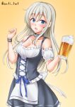  1girl alcohol anti_(untea9) barmaid beer beer_mug black_dress blonde_hair blue_eyes blush breasts cleavage commentary_request cup detached_sleeves dirndl dress german_clothes highres holding holding_cup kantai_collection long_hair looking_at_viewer medium_breasts mug smile solo u-511_(kancolle) yellow_background 