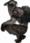  1boy arm_belt austrian_flag backpack bag belt bent_back black_bag black_belt black_gloves black_shoes blue_eyes call_of_duty call_of_duty:_modern_warfare_2 commentary covered_face elbows_on_knees english_commentary from_side full_body gloves green_pants green_shirt helmet highres juliet_sleeves konig_(call_of_duty) long_sleeves looking_ahead male_focus military pants puffy_sleeves seencrow shirt shoes simple_background solo squatting white_background 