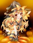  all_fours alternate_costume bad_id bad_pixiv_id blonde_hair gloves halloween hat kirisame_marisa looking_at_viewer orange_eyes pumpkin satomi_hinako smile solo thighhighs touhou witch_hat 