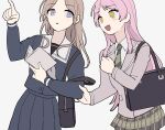  2girls bag bang_dream! bang_dream!_it's_mygo!!!!! black_bag blue_eyes blue_shirt blue_skirt brown_hair chihaya_anon commentary diagonal-striped_clothes diagonal-striped_necktie gimegim01 green_necktie green_skirt grey_eyes grey_jacket grey_neckerchief haneoka_school_uniform hashtag-only_commentary highres jacket long_hair long_sleeves multiple_girls nagasaki_soyo neckerchief necktie open_mouth pink_hair pleated_skirt school_bag school_uniform shirt shoulder_bag skirt star-shaped_pupils star_(symbol) striped_clothes symbol-shaped_pupils tsukinomori_school_uniform 