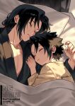  2boys arm_around_shoulder black_hair black_robe brothers child commentary_request facial_mark highres hotata_3 japanese_clothes long_hair low_ponytail male_focus multiple_boys naruto_(series) parted_bangs parted_lips pillow ponytail robe short_hair siblings sleeping twitter_username uchiha_itachi uchiha_sasuke under_covers 