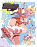  1girl absurdres asymmetrical_dual_wielding backpack bag belt_pouch blonde_hair breasts commentary dual_wielding galois gun gwenpool halftone halftone_background handgun highres holding holding_gun holding_sword holding_weapon inline_skates katana large_breasts marvel mask mask_on_head medium_breasts multicolored_hair open_mouth pink_hair pouch roller_skates round_teeth signature skates smile sword sword_on_back teeth thigh_pouch two-tone_hair weapon weapon_on_back 
