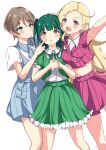  3girls absurdres bare_legs blonde_hair blue_dress blue_eyes blush brown_eyes brown_hair collar commentary_request dress green_hair green_skirt harumiya_yukuri highres ikizulive!_love_live!_bluebird konohana_aurora long_hair looking_at_another looking_at_viewer love_live! medium_hair midriff multiple_girls open_mouth pink_shirt pink_skirt purple_eyes shirt short_hair skirt smile striped_clothes striped_dress striped_shirt striped_skirt teteno_tsuki twintails vertical-striped_clothes vertical-striped_dress vertical-striped_shirt vertical-striped_skirt what_is_my_life?_(love_live!) white_background white_shirt yamada_midori 