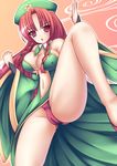  bad_id bad_pixiv_id bare_shoulders beret blush braid breasts cameltoe cleavage fighting_stance hat hong_meiling large_breasts legs long_hair mikan_(5555) navel open_mouth panties red_eyes red_hair red_panties solo spread_legs touhou underwear 
