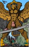 5_fingers abs aircraft anthro avian balls beak biceps bridge brown_body brown_fur building building_destruction car carpo city city_background city_destruction claws crush destruction detailed_background erection feathered_wings feathers feet fingers fur genitals gryphon helicopter highway house humanoid_genitalia humanoid_penis looking_at_viewer macro macro_anthro male micro_human muscular muscular_anthro muscular_male mythological_avian mythological_creature mythology nude outside paws pecs penile penis rampage road ruins sixsydes sky smile smoke solo tail toe_claws toes vehicle vehicle_destruction wings