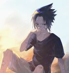  1boy amaoto250529 bandaid bandaid_on_arm bandaid_on_face bandaid_on_forehead bandaid_on_knee bandaid_on_leg bandaid_on_neck bandaid_on_nose black_eyes black_shirt commentary_request dirty dirty_clothes dirty_face feet_out_of_frame furrowed_brow highres male_focus naruto_(series) parted_bangs red_pupils shirt short_hair shorts sitting solo t-shirt uchiha_sasuke white_shorts wiping_mouth 