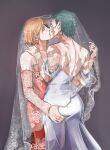  2girls bridal_veil closed_eyes commentary dress earrings eyepatch grabbing_another's_ass green_hair grey_background groping hand_on_another's_shoulder highres jewelry jujutsu_kaisen kiss kugisaki_nobara lesbian_wedding_ass_grab_(meme) lumen_sky meme multiple_girls orange_hair red_dress ring scar scar_on_arm scar_on_back scar_on_face short_hair simple_background stud_earrings veil wedding_dress wedding_ring white_dress wife_and_wife yuri zen'in_maki 