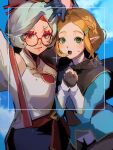 2girls 4me3ba_niku black_cloak blue_shirt blue_sky blush braid cloak closed_mouth crown_braid fingerless_gloves glasses gloves gold_trim green_eyes grey_hair hair_ornament hair_stick hairclip hashtag-only_commentary highres jacket layered_sleeves light_smile mandarin_collar multiple_girls open_mouth own_hands_clasped own_hands_together parted_bangs pointy_ears princess_zelda purah red_eyes round_eyewear shirt short_hair sidelocks sky sweatdrop the_legend_of_zelda the_legend_of_zelda:_tears_of_the_kingdom updo upper_body viewfinder white_jacket white_shirt 