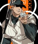  1boy add-on_(off) baseball baseball_bat baseball_cap black_hair black_hat black_shirt cat_boy commentary_request drawn_ears drawn_whiskers genichiro_cute hat holding holding_baseball_bat layered_sleeves long_sleeves male_focus off_(game) shirt short_hair short_over_long_sleeves short_sleeves solo striped_clothes striped_shirt teeth the_batter_(off) the_judge_(off) upper_body white_shirt 