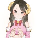  1girl aesice alternate_costume bare_shoulders bell black_eyes black_hair blush bow bowtie commentary_request cropped_torso curled_horns detached_sleeves forehead fur_collar halter_shirt halterneck head_tilt highres horns jingle_bell legend_of_mortal long_hair looking_at_viewer neck_bell pink_shirt pink_sleeves red_bow red_bowtie sheep_horns shirt side_part solo tang_moling upper_body 