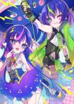  2girls absurdres ahoge bare_arms beamed_eighth_notes belt black_gloves black_shorts blonde_hair blue_boots blue_eyes blue_hair blue_nails blue_skirt blue_wrist_cuffs blush boots bracelet braid buttons c-clef_(symbol) center_frills chain collared_shirt colored_inner_hair commentary_request contrast_collar eel_hat eighth_note facepaint fang fangs finger_to_face fingerless_gloves flower forte_(symbol) frilled_shirt frilled_skirt frills gloves gradient_clothes gradient_hair gradient_skirt green_belt green_eyes green_hair green_necktie green_overskirt green_streaks grin hair_ornament hat hat_ornament hat_ribbon heart highres holding holding_microphone holding_microphone_stand irodorikaeru jewelry large_hat lightning_bolt_symbol long_hair looking_at_viewer low-braided_long_hair low-tied_long_hair low_twintails microphone microphone_stand multicolored_eyes multicolored_hair multiple_girls multiple_persona musical_note musical_note_print nail_polish navel neck_ribbon necktie notice_lines one_eye_closed otomachi_una otomachi_una_(vocaloid6_spicy) otomachi_una_(vocaloid6_sugar) pantyhose piano_print pink_eyes pink_hair pink_nails pink_streaks print_socks purple_eyes purple_skirt ribbon see-through_clothes see-through_necktie see-through_overskirt see-through_skirt shirt short_shorts shorts sidelocks skin_fangs skirt sleeveless sleeveless_shirt smile socks sparkle_hair_ornament sparkle_hat_ornament star_(symbol) star_hair_ornament star_hat_ornament streaked_hair tie_clip tongue tongue_out torn_clothes torn_pantyhose twintails v-shaped_eyebrows very_long_hair vocaloid white_shirt wrist_cuffs yellow_trim 