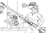 2025 amargasaurus anthro back_spikes bambiraptor baseball_cap cavemanon_studios clothing collared_shirt dialogue dicraeosaurid dinosaur diplodocoid dromaeosaurid duo english_text fast_food_employee fast_food_restaurant fast_food_uniform faustanon feathered_dinosaur feathered_scalie feathers female gesture gun hair hand_gesture hat headgear headwear holding_gun holding_object holding_ranged_weapon holding_weapon i_wani_hug_that_gator long_neck long_tail lunara_(iwhtg) maggie_(snoot_game) monochrome neck_spikes open_mouth open_smile ponytail prehistoric_species ranged_weapon reptile saurischian sauropod sauropodomorph scalie shirt short_hair sketch smile snoot_game snout spikes spikes_(anatomy) tail tail_tuft text theropod thumbs_up topwear tuft weapon