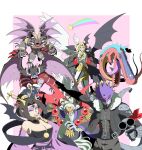 2girls 4boys angel_wings asymmetrical_wings barbamon beelzebumon belphemon belphemon_rage_mode black_hair black_jacket black_pants black_wings blonde_hair border breasts cleavage commentary_request crocodilian crossed_legs demon_(digimon) demon_boy demon_girl demon_wings detached_sleeves digimon digimon_(creature) dual_wielding eyeshadow facial_mark feathered_wings forehead_mark group_picture gun hair_bun highres holding holding_gun holding_weapon invisible_chair jacket large_breasts leviamon lilithmon lucemon_falldown_mode makeup mole mole_under_eye multiple_boys multiple_girls old old_man original pants purple_background purple_eyeshadow purple_lips purple_sleeves purple_wings red_wings sharp_teeth short_hair sitting sugar_7t teeth weapon white_border white_wings wide_sleeves wings 