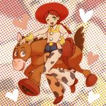  braid bullseye cowboy_hat halftone halftone_background hat jessie_the_yodeling_cowgirl long_hair maron_(8059love) one_eye_closed open_mouth red_hair toy_story western 