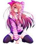  adjusting_hair black_legwear bra brown_eyes brown_hair hair_over_one_eye hair_ribbon highres idolmaster idolmaster_(classic) idolmaster_2 kneeling lingerie long_hair minase_iori mouth_hold natsu_(anta_tte_hitoha) open_clothes open_shirt ribbon shirt solo sweater thighhighs underwear zettai_ryouiki 