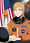  1girl american_flag astronaut blonde_hair blue_eyes commentary_request galois helmet highres korean_commentary long_hair odyssey_(galois) seong_eun-ha sidelocks smile solo space space_helmet space_shuttle spacecraft spacesuit unworn_headwear unworn_helmet upper_body 
